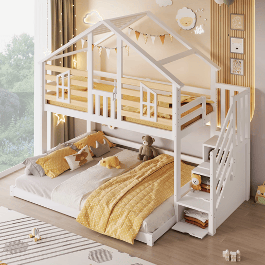 Beliche 90x200cm+140x200cm - design casinha, janela, escada com prateleira - branco + natural