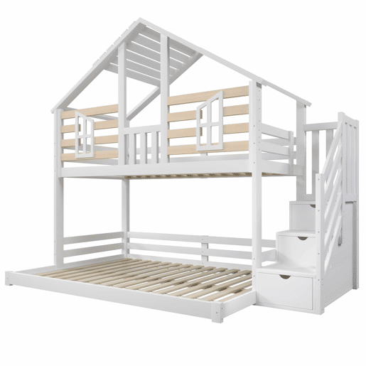Beliche 90x200cm+140x200cm - design casinha, janela, escada com prateleira - branco + natural