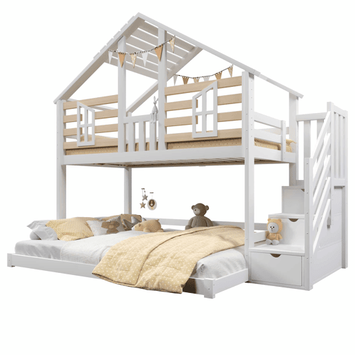 Beliche 90x200cm+140x200cm - design casinha, janela, escada com prateleira - branco + natural