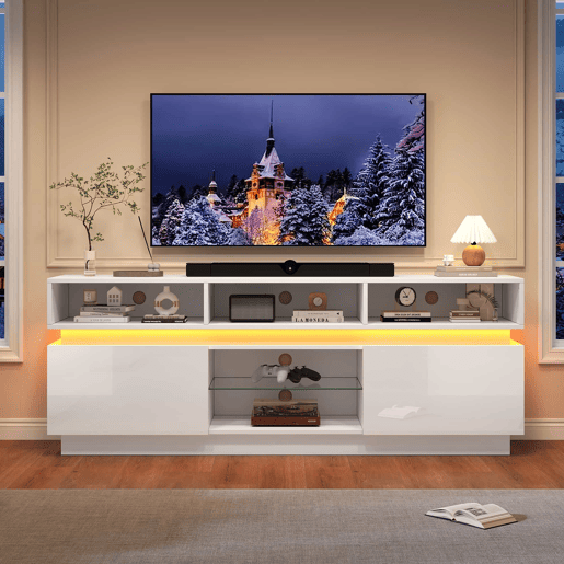 Móvel para TV 160 x 35 x 60 cm - suporte para TV de perfil baixo com prateleira em vidro temperado, acabamento de alto brilho, iluminação LED, MDF, adequado para TVs de 60 polegadas - branco
