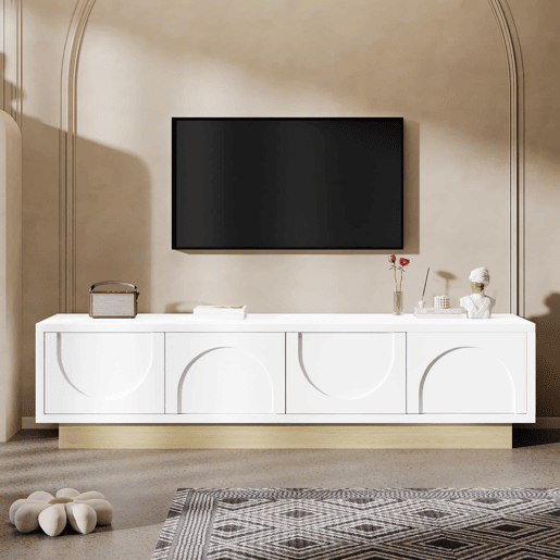 Móvel de TV moderno de 175 cm - design minimalista curvo, veios de madeira, amplo espaço de arrumação e organização de cabos - branco