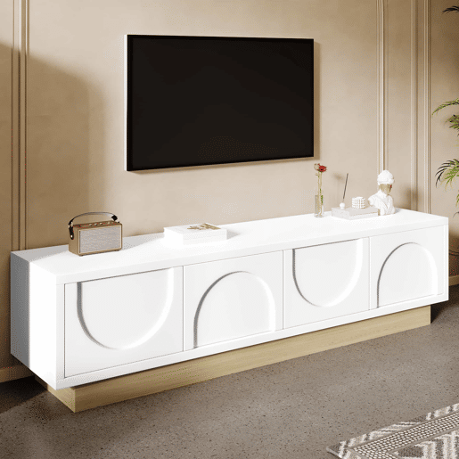 Móvel de TV moderno de 175 cm - design minimalista curvo, veios de madeira, amplo espaço de arrumação e organização de cabos - branco