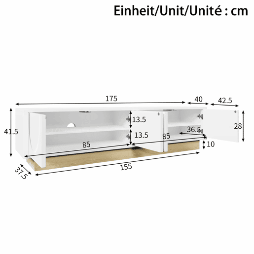 Móvel de TV moderno de 175 cm - design minimalista curvo, veios de madeira, amplo espaço de arrumação e organização de cabos - branco