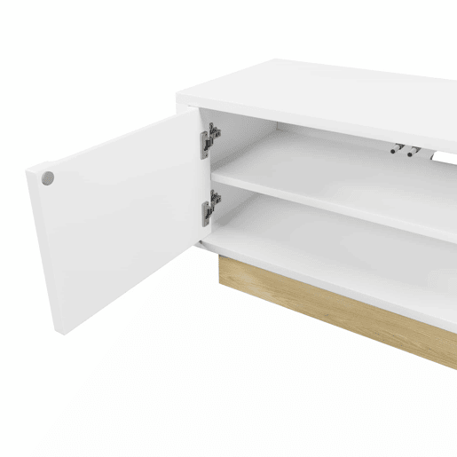 Móvel de TV moderno de 175 cm - design minimalista curvo, veios de madeira, amplo espaço de arrumação e organização de cabos - branco