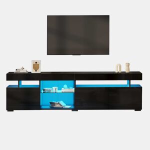 Móvel de TV baixo 180 x 35 x 45 cm - acabamento brilhante, 3 portas, prateleiras de vidro temperado ajustáveis, adequado para televisores até 80 polegadas, tampo em aglomerado - preto