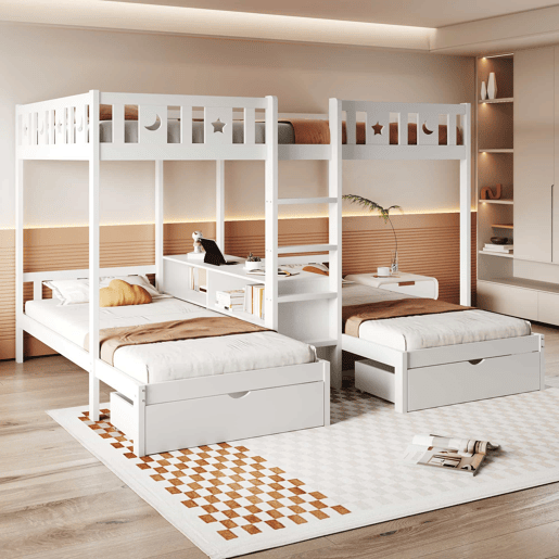 Cama alta + cama inferior 140x22090x200 - com escada, espaço de arrumação e duas gavetas, grade de segurança com desenho de estrelas e lua, estrutura em madeira maciça - branco
