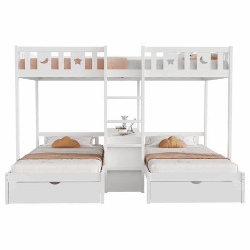 Cama alta + cama inferior 140x22090x200 - com escada, espaço de arrumação e duas gavetas, grade de segurança com desenho de estrelas e lua, estrutura em madeira maciça - branco