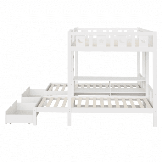 Cama alta + cama inferior 140x22090x200 - com escada, espaço de arrumação e duas gavetas, grade de segurança com desenho de estrelas e lua, estrutura em madeira maciça - branco