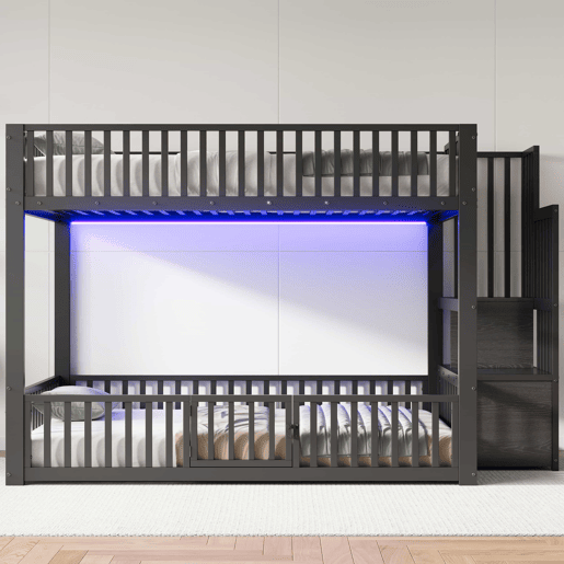 Beliche 140 x 200 cm u2013 com escada com espaço de arrumação e LED u2013 preto