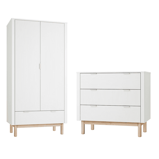 Cómoda com 3 gavetas e roupeiro de 2 portas Pinio Miloo Branco Cómoda com 3 gavetas e roupeiro de 2 portas Pinio Miloo Branco