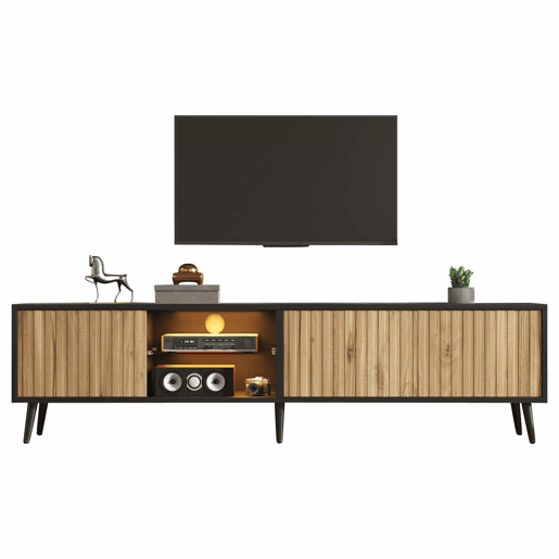 Móvel baixo para TV LED 175 x 31 x 43,5 cm - lowboard com 3 armários, vidro temperado, 6 pés de suporte, grande capacidade de arrumação, adequado para TV de 75 polegadas - madeira natural e preto
