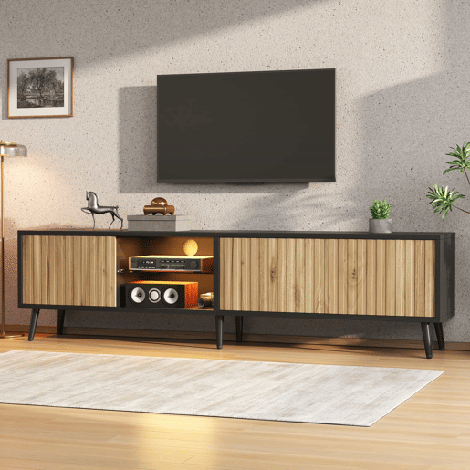 Móvel baixo para TV LED 175 x 31 x 43,5 cm - lowboard com 3 armários, vidro temperado, 6 pés de suporte, grande capacidade de arrumação, adequado para TV de 75 polegadas - madeira natural e preto