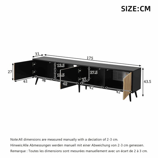 Móvel baixo para TV LED 175 x 31 x 43,5 cm - lowboard com 3 armários, vidro temperado, 6 pés de suporte, grande capacidade de arrumação, adequado para TV de 75 polegadas - madeira natural e preto