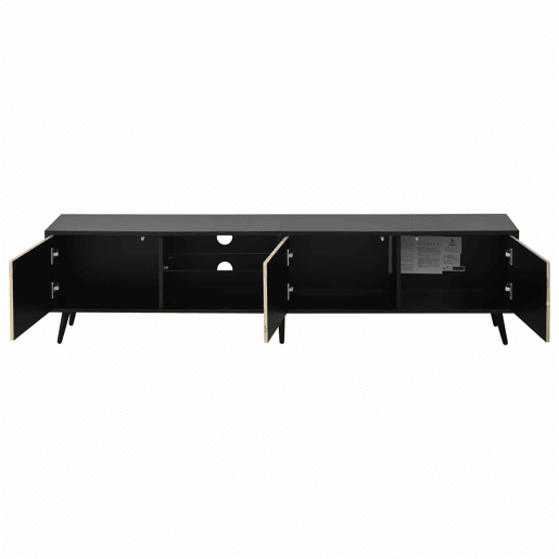 Móvel baixo para TV LED 175 x 31 x 43,5 cm - lowboard com 3 armários, vidro temperado, 6 pés de suporte, grande capacidade de arrumação, adequado para TV de 75 polegadas - madeira natural e preto