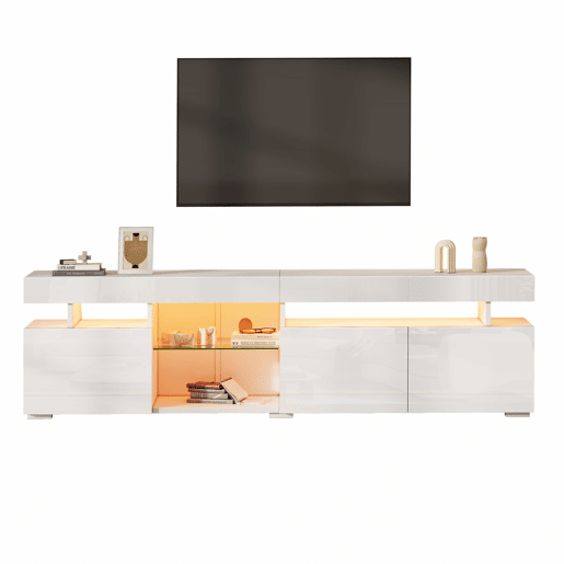 Móvel de TV baixo 180 x 35 x 45 cm - acabamento de alto brilho, 3 portas, prateleiras de vidro temperado ajustáveis, compatível com televisores até 80 polegadas, tampo em aglomerado - branco