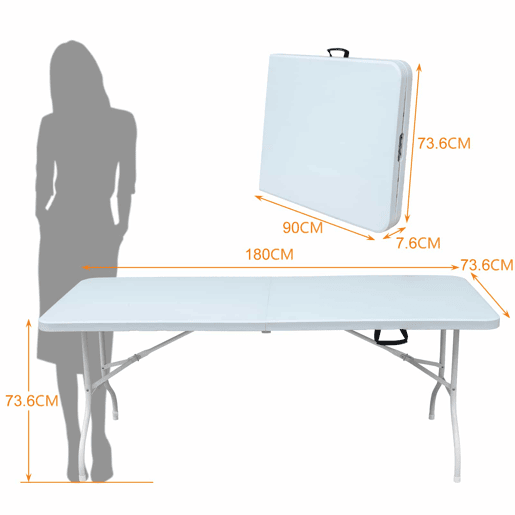 Mesa dobrável de 180 cm - multifuncional, resistente, com pega - branca