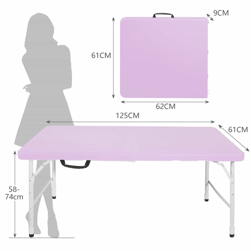 Mesa dobrável portátil de 125 cm - altura ajustável, multifuncional, capacidade de carga de 135 kg - roxa