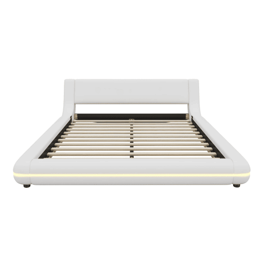 Cama baixa 140x200 cm - PU, luz LED ambiente, comando remoto com 24 botões - Branco