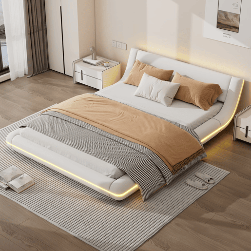 Cama baixa 140x200 cm - PU, luz LED ambiente, comando remoto com 24 botões - Branco