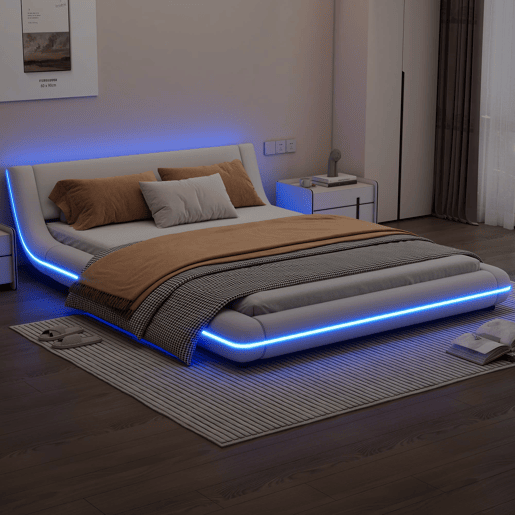Cama baixa 140x200 cm - PU, luz LED ambiente, comando remoto com 24 botões - Branco