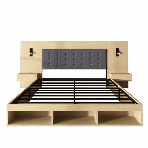 Cama de casal 160x200 cm - com arrumação, em madeira, estilo juvenil, USB e Type-C, candeeiro de leitura, 2 mesas de cabeceira - Carvalho claro