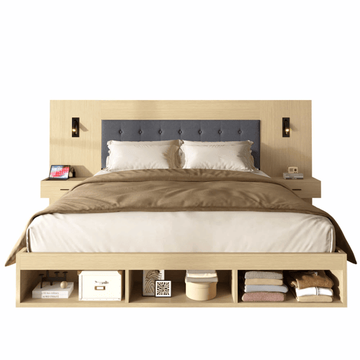 Cama de casal 160x200 cm - com arrumação, em madeira, estilo juvenil, USB e Type-C, candeeiro de leitura, 2 mesas de cabeceira - Carvalho claro