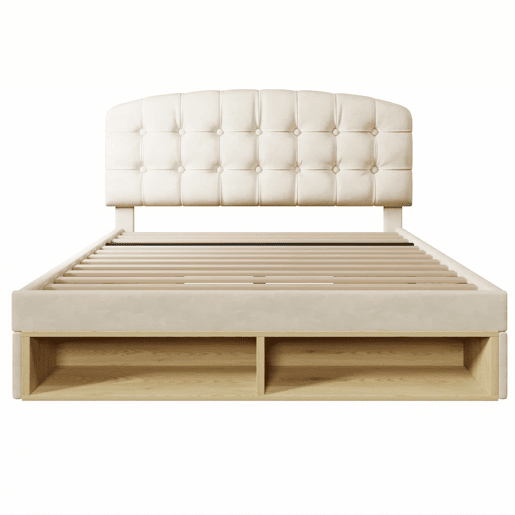 Cama de casal 140x200 - Estofada com cabeceira ajustável e gavetas - Bege