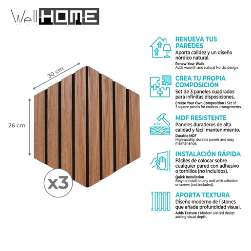Conjunto de 3 painéis decorativos hexagonais 'Colva' da Well Home