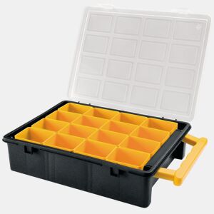 Organizador de plástico com 16 caixas removíveis.