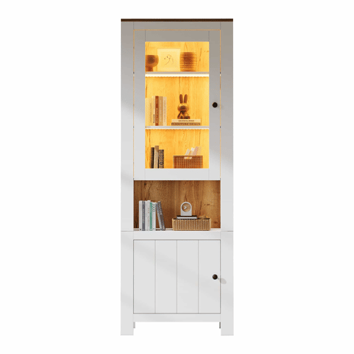 Vitrine alta 70 x 40 x 188 cm - com 2 portas, 6 prateleiras ajustáveis, vitrine de vidro com iluminação LED, estilo moderno - branco e cor de madeira natural