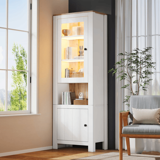 Vitrine alta 70 x 40 x 188 cm - com 2 portas, 6 prateleiras ajustáveis, vitrine de vidro com iluminação LED, estilo moderno - branco e cor de madeira natural