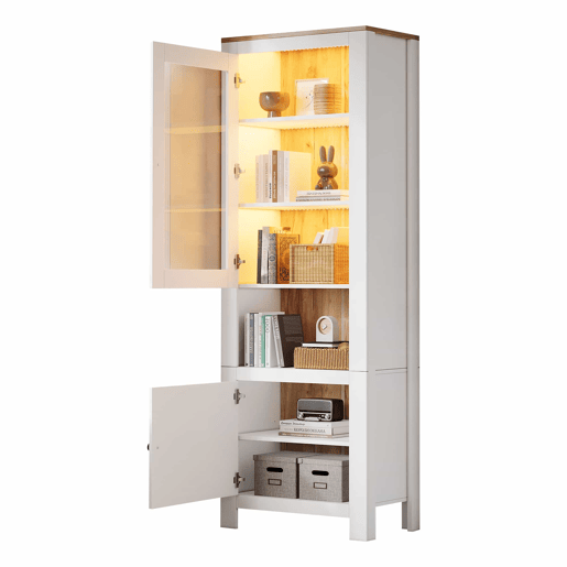 Vitrine alta 70 x 40 x 188 cm - com 2 portas, 6 prateleiras ajustáveis, vitrine de vidro com iluminação LED, estilo moderno - branco e cor de madeira natural