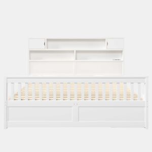 Cama de plataforma 180 x 200 cm - com prateleiras de arrumação, iluminação LED, porta USB e quatro gavetas - branco