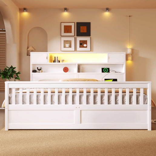 Cama de plataforma 180 x 200 cm - com prateleiras de arrumação, iluminação LED, porta USB e quatro gavetas - branco
