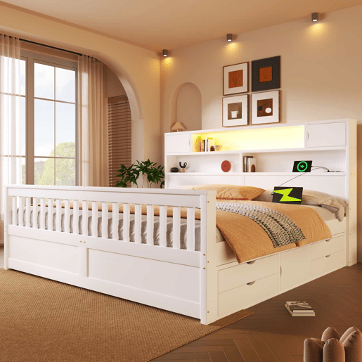 Cama de plataforma 180 x 200 cm - com prateleiras de arrumação, iluminação LED, porta USB e quatro gavetas - branco