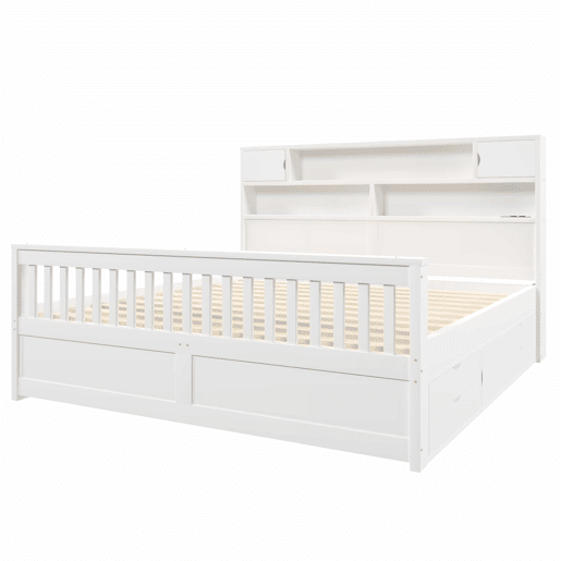 Cama de plataforma 180 x 200 cm - com prateleiras de arrumação, iluminação LED, porta USB e quatro gavetas - branco