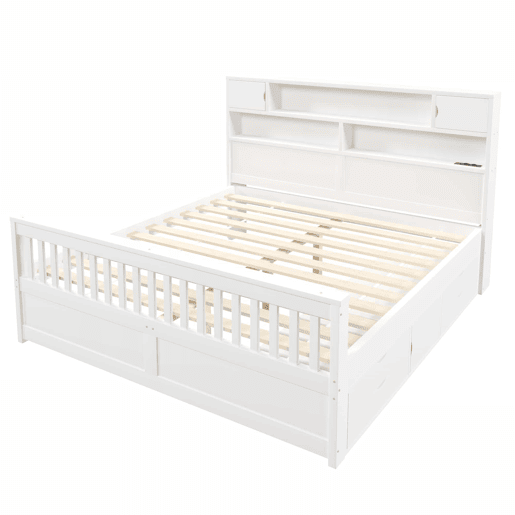 Cama de plataforma 180 x 200 cm - com prateleiras de arrumação, iluminação LED, porta USB e quatro gavetas - branco
