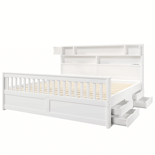 Cama de plataforma 180 x 200 cm - com prateleiras de arrumação, iluminação LED, porta USB e quatro gavetas - branco