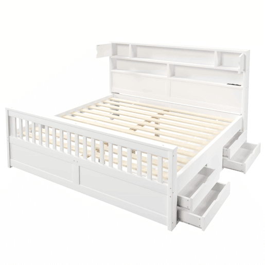 Cama de plataforma 180 x 200 cm - com prateleiras de arrumação, iluminação LED, porta USB e quatro gavetas - branco