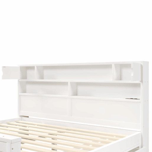 Cama de plataforma 180 x 200 cm - com prateleiras de arrumação, iluminação LED, porta USB e quatro gavetas - branco