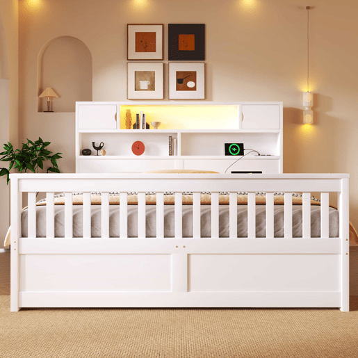 Cama de plataforma 160 x 200 cm u2013 com prateleiras de arrumação, iluminação LED, porta USB e quatro gavetas u2013 branca