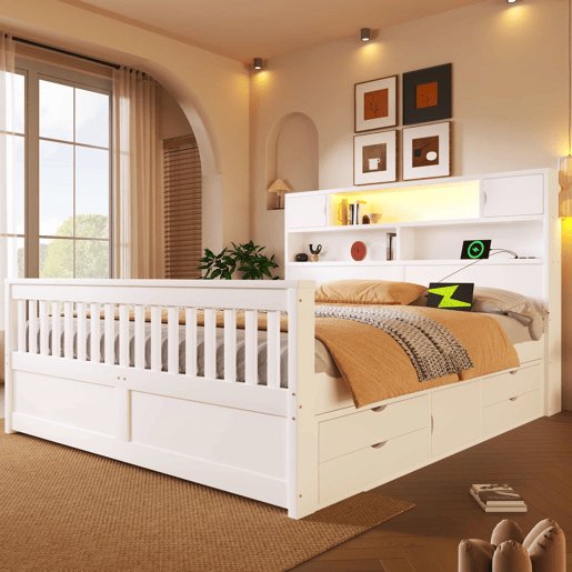 Cama de plataforma 160 x 200 cm u2013 com prateleiras de arrumação, iluminação LED, porta USB e quatro gavetas u2013 branca