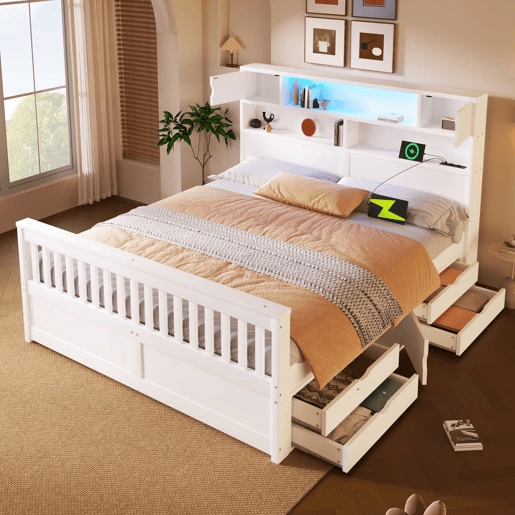 Cama de plataforma 160 x 200 cm u2013 com prateleiras de arrumação, iluminação LED, porta USB e quatro gavetas u2013 branca