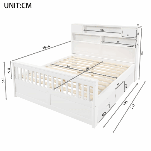 Cama de plataforma 160 x 200 cm u2013 com prateleiras de arrumação, iluminação LED, porta USB e quatro gavetas u2013 branca