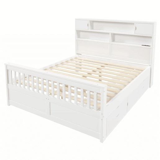 Cama de plataforma 160 x 200 cm u2013 com prateleiras de arrumação, iluminação LED, porta USB e quatro gavetas u2013 branca