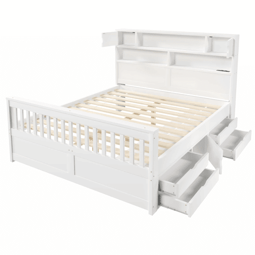 Cama de plataforma 160 x 200 cm u2013 com prateleiras de arrumação, iluminação LED, porta USB e quatro gavetas u2013 branca
