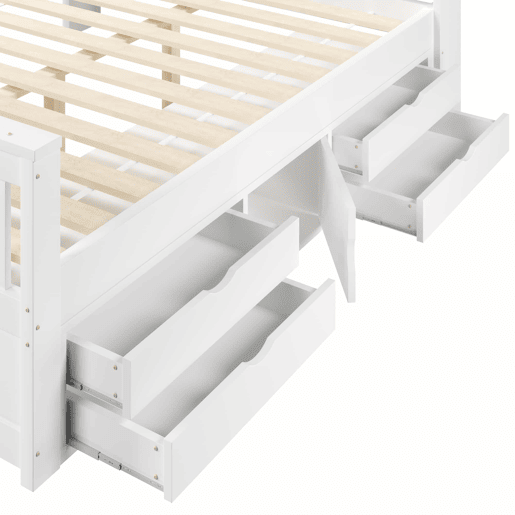 Cama de plataforma 160 x 200 cm u2013 com prateleiras de arrumação, iluminação LED, porta USB e quatro gavetas u2013 branca