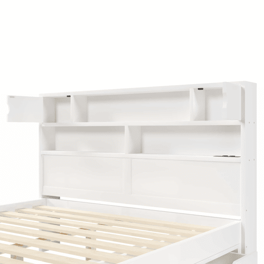 Cama de plataforma 160 x 200 cm u2013 com prateleiras de arrumação, iluminação LED, porta USB e quatro gavetas u2013 branca