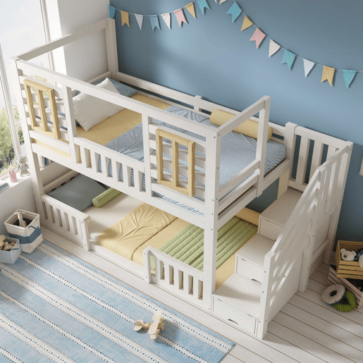 Cama alta infantil 90x200 cm - estilo cabana com janelas de madeira e armário em forma de escada, 2 camas, com base de colchão, EN 747, sem colchão - Branco
