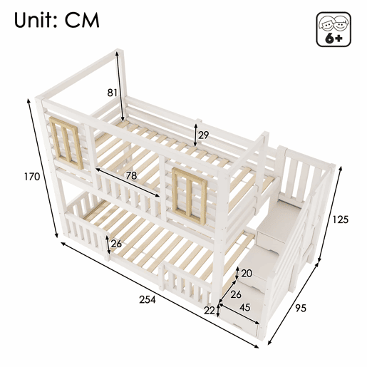 Cama alta infantil 90x200 cm - estilo cabana com janelas de madeira e armário em forma de escada, 2 camas, com base de colchão, EN 747, sem colchão - Branco
